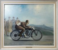 Automobilia - Ray Jones original oil on board titled 'G. Dance -Spirit Sunbeam 1921' framed, 69cm