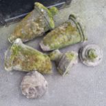 Garden statuary - three 19th century reconstituted stone acorn finial fragments, covered with moss