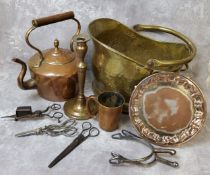 An 18th century brass candlestick; an interesting Victorian brass ale tankard, stamped 'Victoria