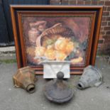 A Victorian finial cover; lead effect hopper; cast iron hopper, another plastic; a very large