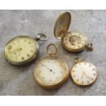 A gilt metal pocket barometer, silver dial; a silver plated cased Ensign pocket watch etc. (4)