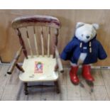 A 1980 Film Fare, Paddington Bear, blue duffle coat, red wellies,  Film Fare and chair