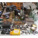 Boxes & Objects - various early 20th century cameras, early iceskates, bottles, Treen, etc