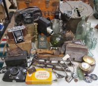 Boxes & Objects - various early 20th century cameras, early iceskates, bottles, Treen, etc