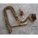 A 9ct gold fob mounted with a spinning smokey topaz on a rolled gold Albert chain with T-bar; a gilt