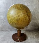 A 1930's German 'Räths Physikalischer Erdglobus' world globe, stainless steel support mounted a