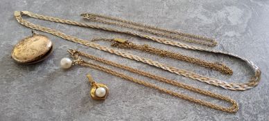 A 9ct three gold flat weave necklace 4.31g; a 9ct gold fine chain necklace 2g; another 2.13g (af); a