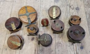 Angling Interest - ten 19th century brass mounted wooden fishing reels