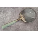 An Oriental white metal mounted magnifying glass, jade handle 18 x 8cms