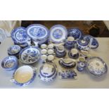 Blue & white including Staffordshire Willow & Old Willow pattern, dinner & side plates, part tea