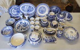 Blue & white including Staffordshire Willow & Old Willow pattern, dinner & side plates, part tea