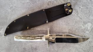 An A. Wright & Sons Ltd 6" Bowie knife, bone stag Bone Stag handle and scale tang, brass bolster and