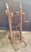 EJ Tong and Son, Spilsby, vintage railway chain winch/ lifting sack truck, wooden handle missing,