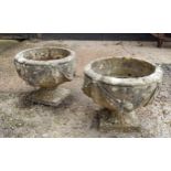 A pair of squat cast concrete planters / urns with bows and fruits pattern. 34cm h x 37.5cm in dia