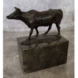 After Louis-Albert Carvin, a small bronze of cow mounted on a marble plinth 16cms high