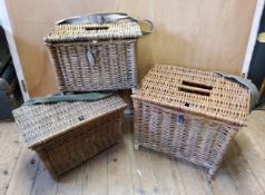 Three wicker fishing baskets