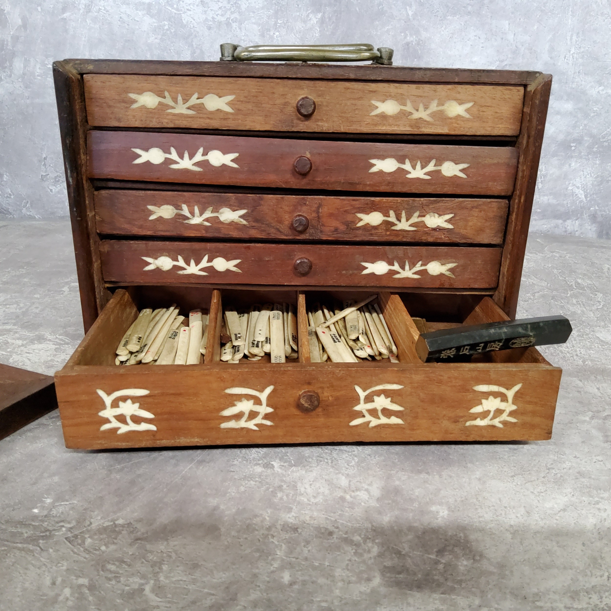 A turn of the century Chinese Mah Jong set, the bone and wooden pieces housed in an impressive - Image 7 of 9