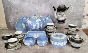 Wedgwood Jasperware including teapot, milk jug, two teacups, a circular trinket pot & cover,