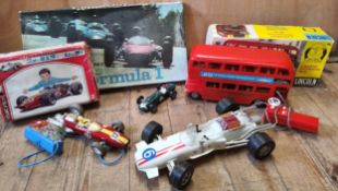 A 1960's boxed Bandai R/C 7-7579remote control Lotus F1 car, red tinplate body, Japanese market box;