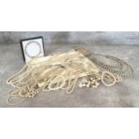 Various vintage faux pearl necklaces, bracelets & a cuff, stone set & marcasite clasps (af); faux