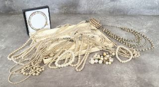 Various vintage faux pearl necklaces, bracelets & a cuff, stone set & marcasite clasps (af); faux