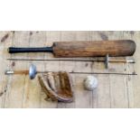 Sporting - an early 20th century cricket bat; fencing foils and a hide little league baseball