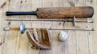 Sporting - an early 20th century cricket bat; fencing foils and a hide little league baseball