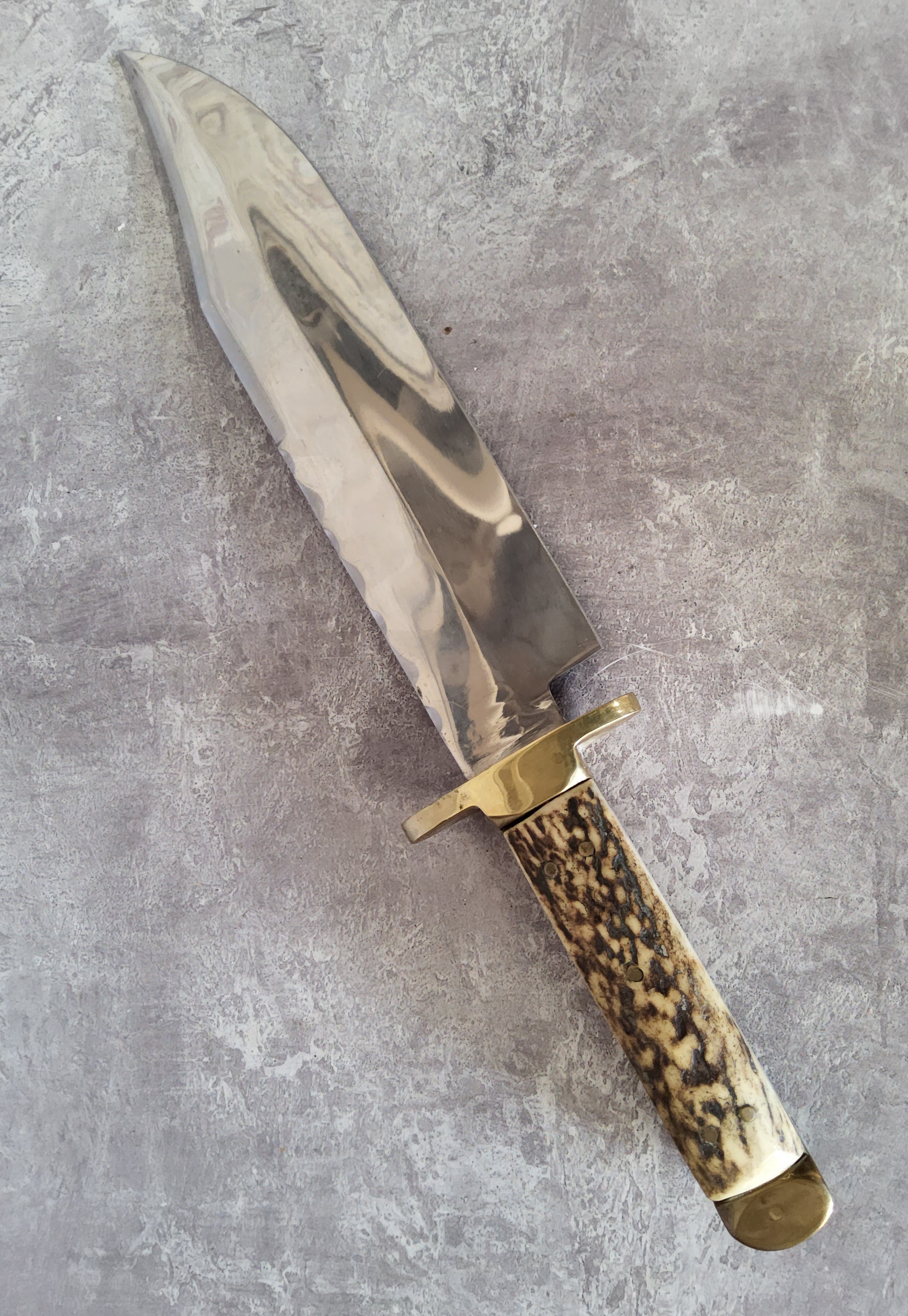 A Bexfield of Sheffield Bowie knife, horn scales, brass cross guard, jimping to blade, 25.5cm blade, - Image 2 of 2