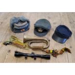 Militaria- a WWII British RAF captain's hat; an early 20th century brass bugle; small bayonet;