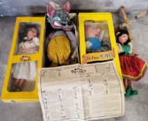 Boxed Pelham puppets including Ballet Dancer, Wolf, Old Lady; a loose Gypsy Girl and instructions