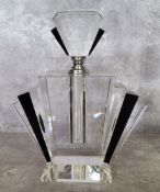 An Art Deco style oversized white metal mounted glass fan dressing table scent bottle with screw