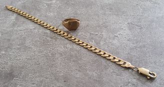 A 9ct gold curb bracelet, 10.42g; 9ct gold signet ring 3.55g