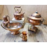 An early Victorian copper samovar by Evill of Bath; a Victorian copper kettle; a Victorian open