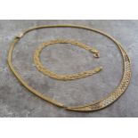 A 9ct fancy link flat necklace (af) 14.13g; a 9ct three gold fancy link bracelet 2.17g