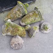 Garden Statuary - three 19th century reconstituted stone acorn finial fragments, covered with moss