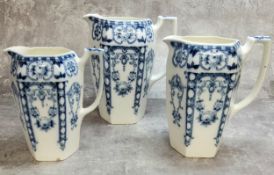 A set of three graduated blue and white jugs by F & Sons Tyne pattern Burslem, 21cm High