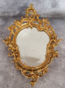A small gilt bronze cartouche shaped looking glass with bevelled and slightly foxed mirror plate