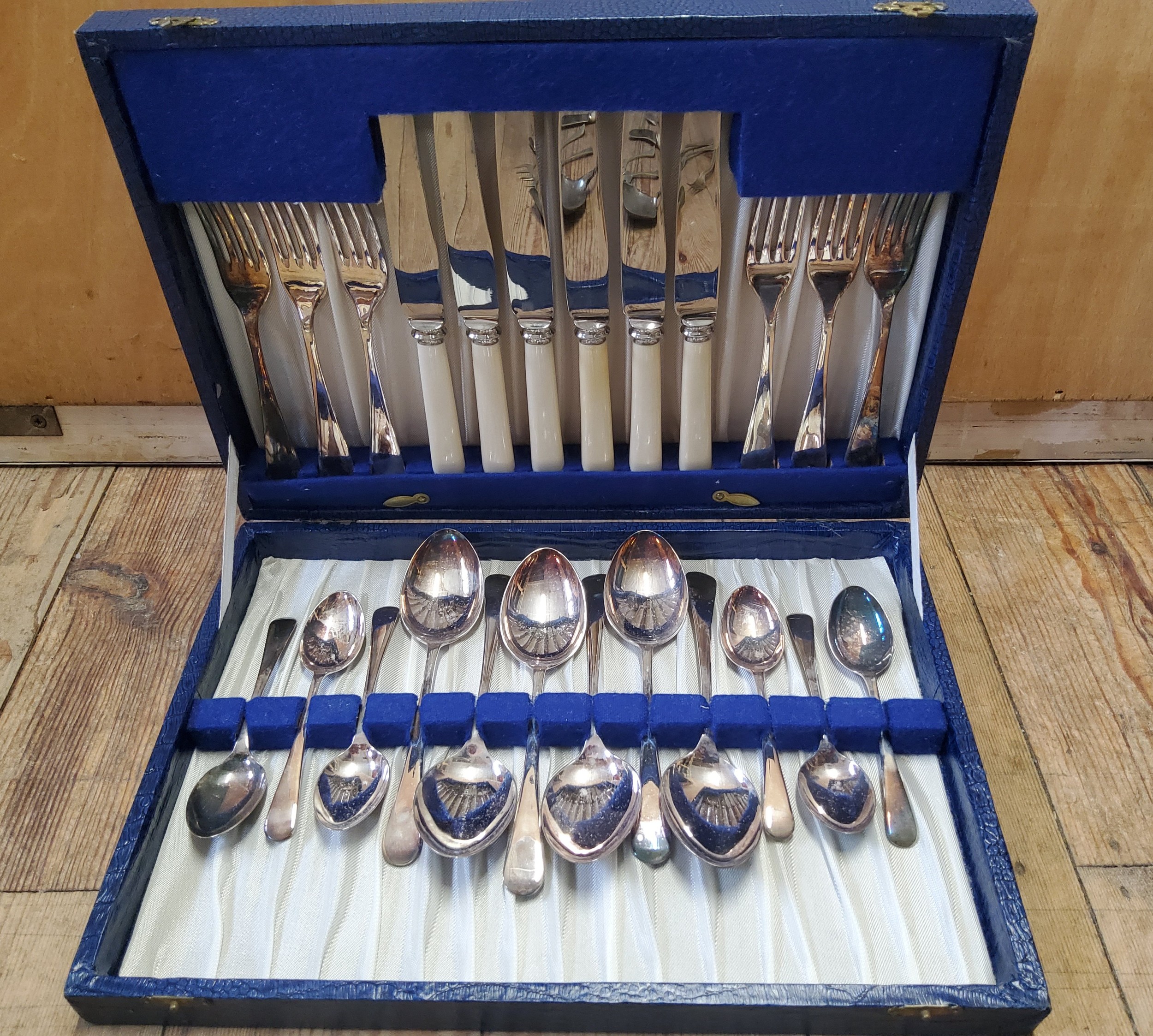 A Mappin and Webb canteen of Old English pattern cutlery for six, blue faux crocodile canteen; - Image 2 of 3