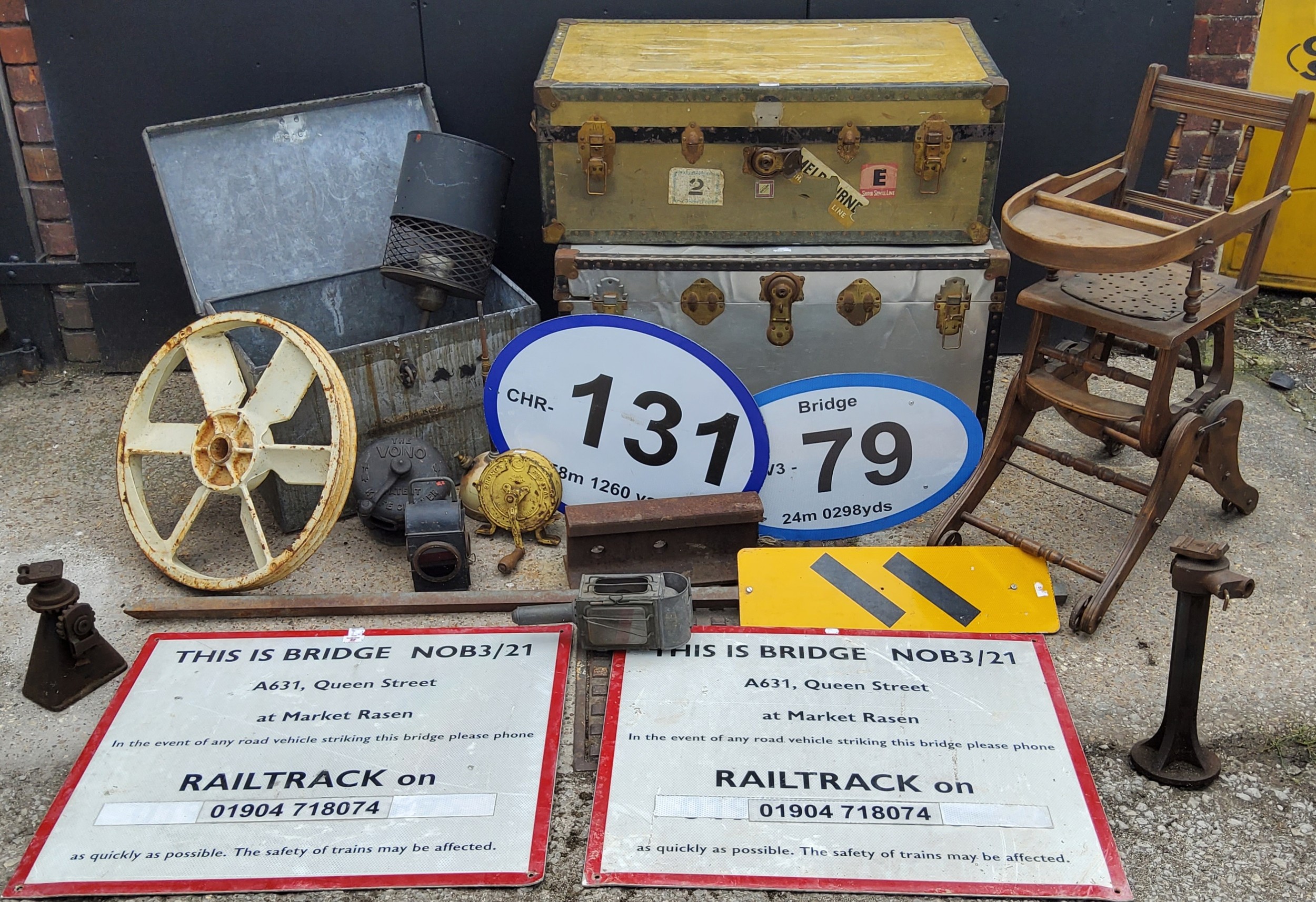 Salvage - two trunks; railway signs; section of railway track; Victorian child's high chair; knife