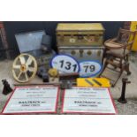 Salvage - two trunks; railway signs; section of railway track; Victorian child's high chair; knife