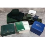 A Rolex watch box, green, gold logo to lid, cedar lining; a Longines watch box, white with papers;