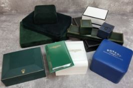 A Rolex watch box, green, gold logo to lid, cedar lining; a Longines watch box, white with papers;