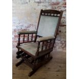 A 19th century American rocker, duck egg blue upholstery c.1880