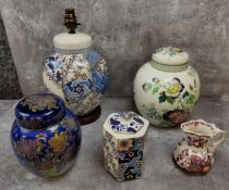 Masons including a Applique pattern table lamp on wooden plinth and hexagonal shaped jar & cover,
