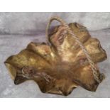 An unusual brass and copper fruit bowl, the large bowl shaped in the form of a sycamore leaf mounted