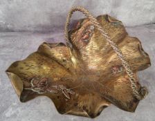 An unusual brass and copper fruit bowl, the large bowl shaped in the form of a sycamore leaf mounted