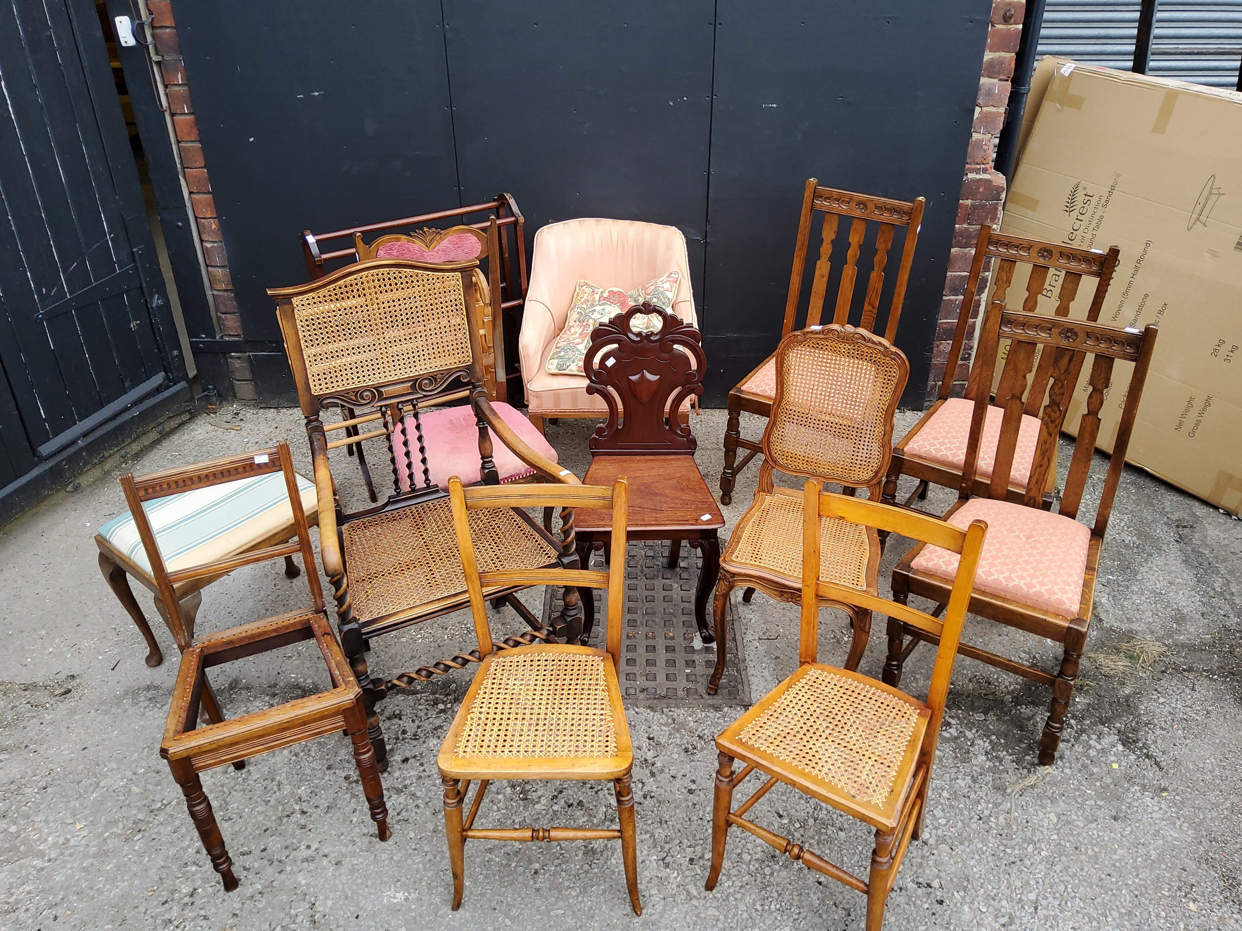 Harlequin set of chairs, footstool and towel racks, including a Victorian mahogany hall chair, - Image 4 of 4