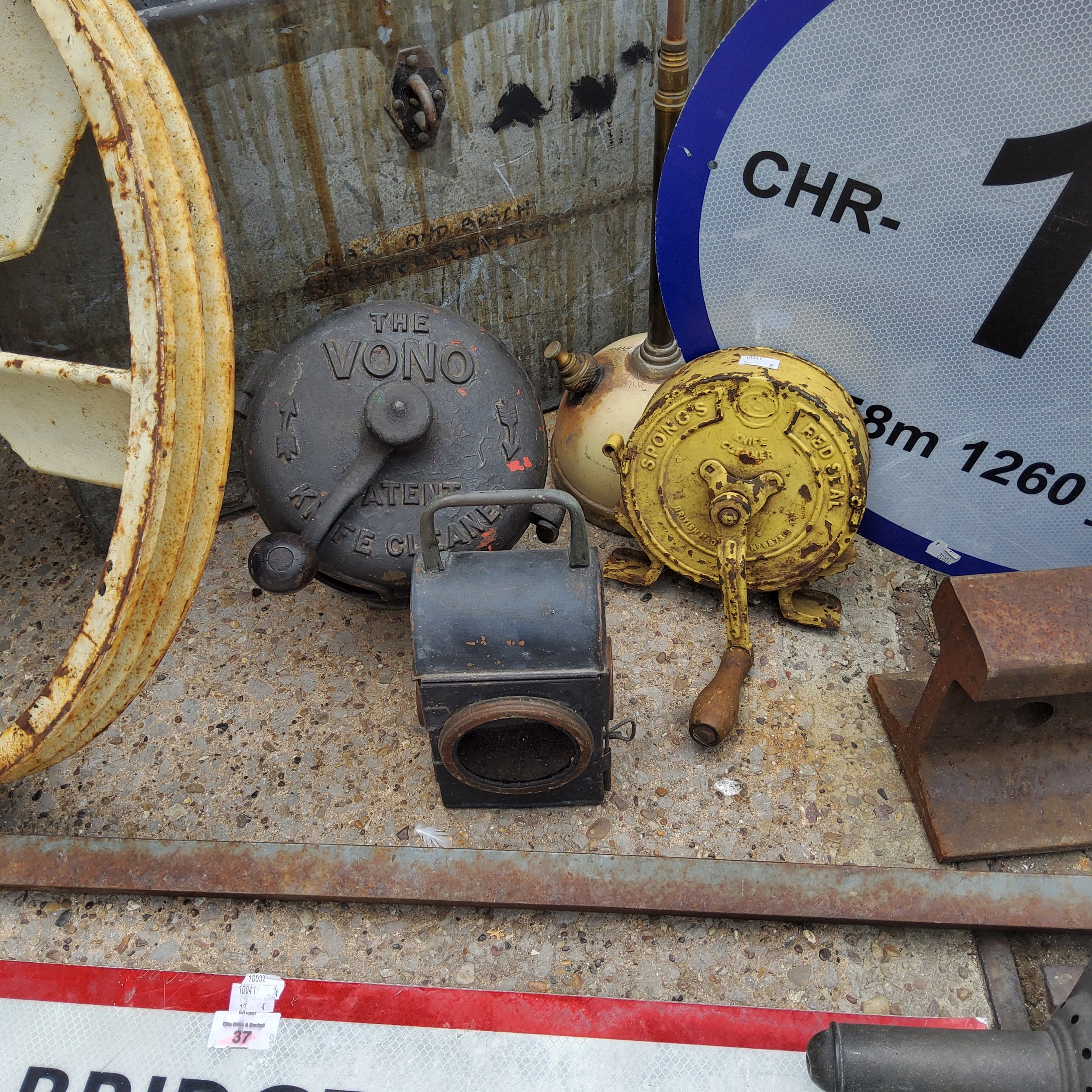 Salvage - two trunks; railway signs; section of railway track; Victorian child's high chair; knife - Image 4 of 5