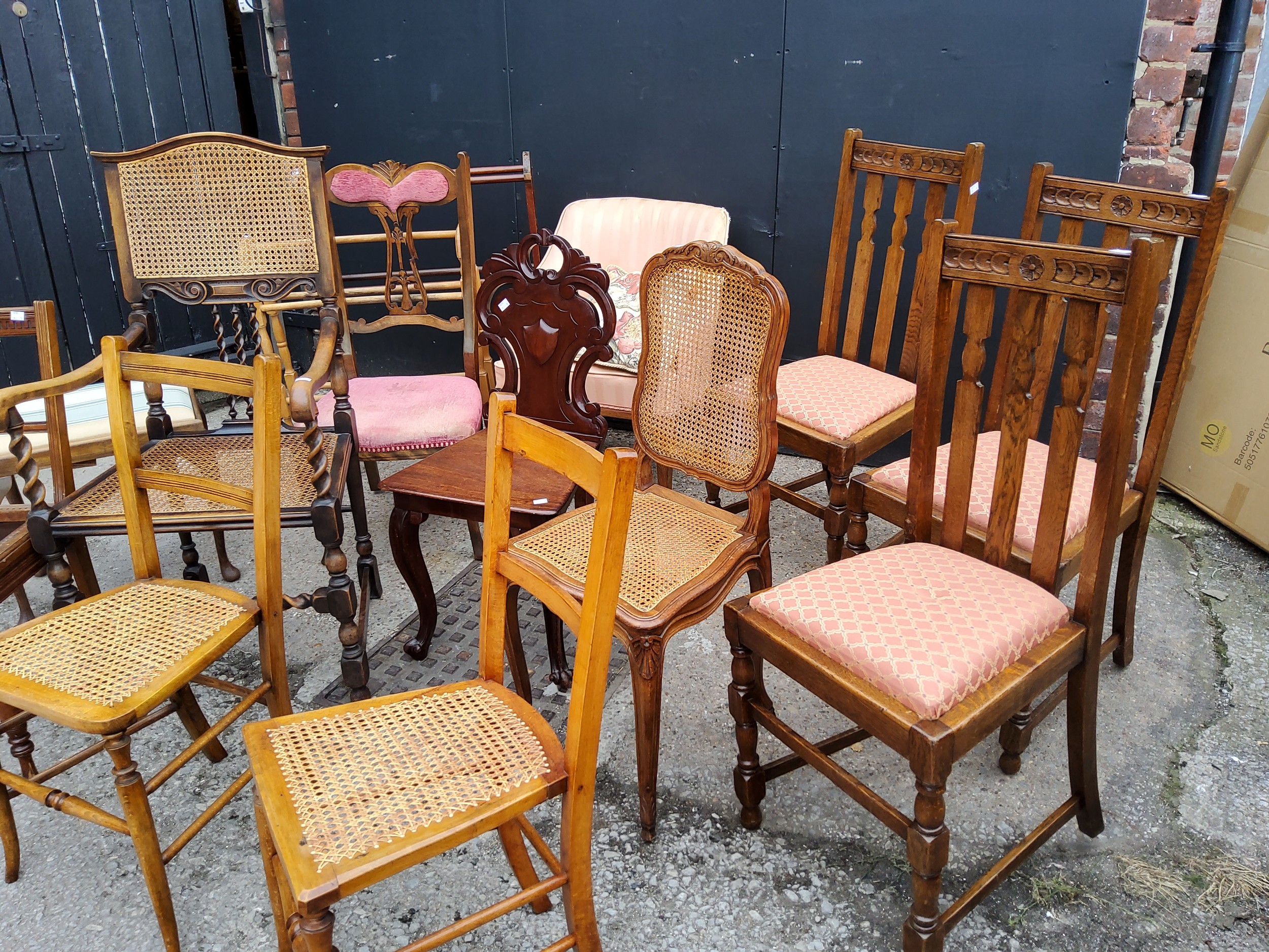 Harlequin set of chairs, footstool and towel racks, including a Victorian mahogany hall chair, - Image 2 of 4