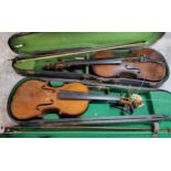 A German violin 1/10, mother of pearl inlaid bow, fitted case for restoration; another 1/16,